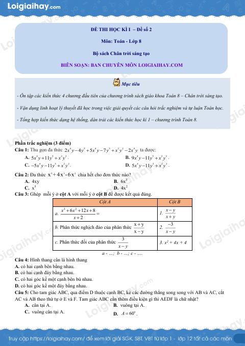 Đề thi học kì 1 Toán 8 - Đề số 2 - Chân trời sáng tạo